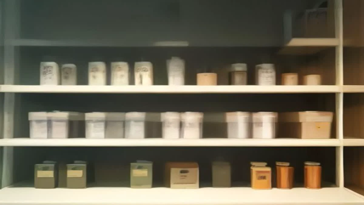 over-the-shoulder view of a bright showroom shelf with packaged products arranged in neat rows, overcast diffused light
