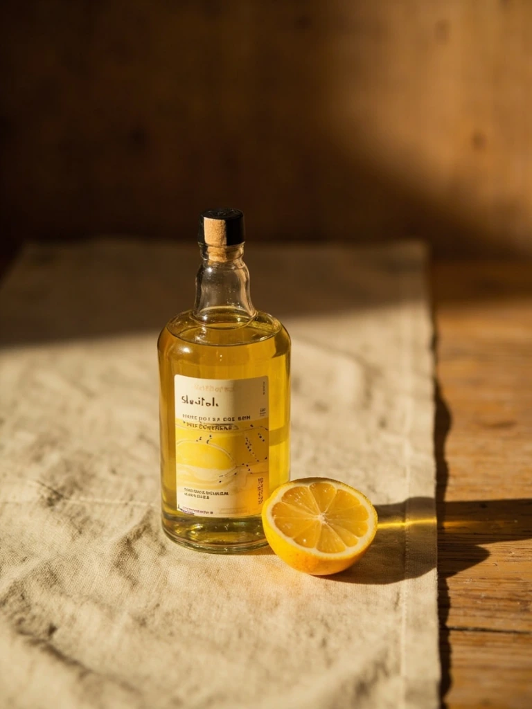 Yuzu-Infused Vinegar bottle beside halved yuzu fruit