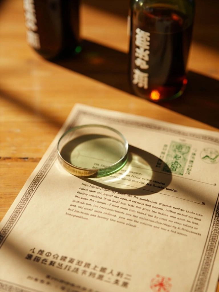 A JAS certificate of conformity resting on aged cedar, with a brass magnifying glass across its corner.